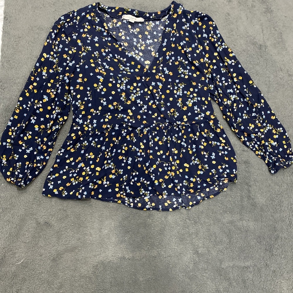 Loft Navy Blue Floral Faux Wrap Peplum Blouse Long Sleeve Womens Medium